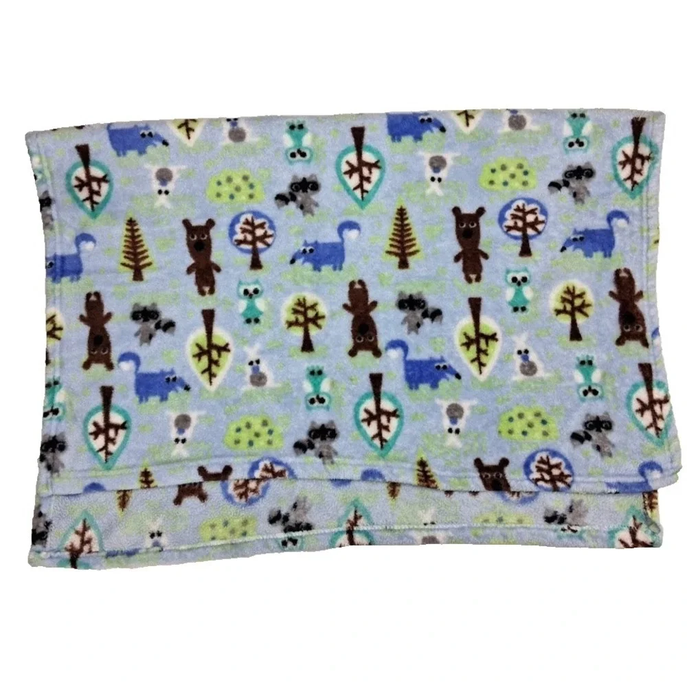 Woodlands Blue‎ Baby Blanket Bear Tree Owl Soft Fleece Forest Fox Raccoon
